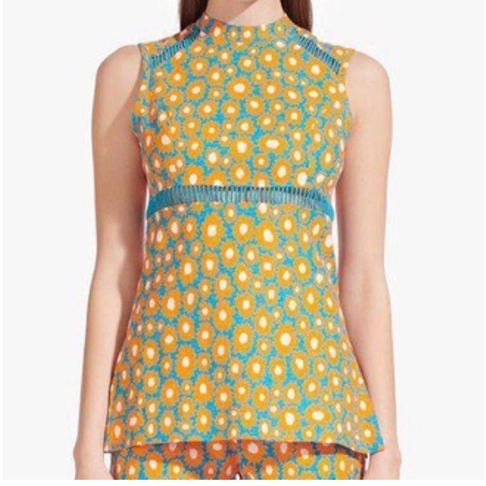 STAUD Atlas Top Sleeveless Orange Blue Daisy Linen Cotton Blend Shirt Sz 0 NWT